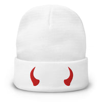 White cuffed beanie with Red Devil Horns embroidered artwork, front view