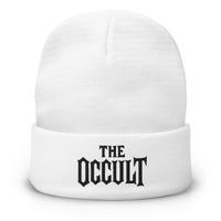 White cuffed beanie with The Occult Black Supernatural embroidered artwork, front view