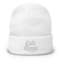 White cuffed beanie with Cult Classic White Gen X embroidered artwork, front view