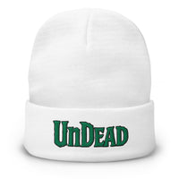 White cuffed beanie with Undead Zombie Horror embroidered artwork, front view