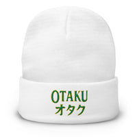 White cuffed beanie with Otaku オタク embroidered artwork, front view