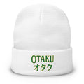 White cuffed beanie with Otaku オタク embroidered artwork, front view