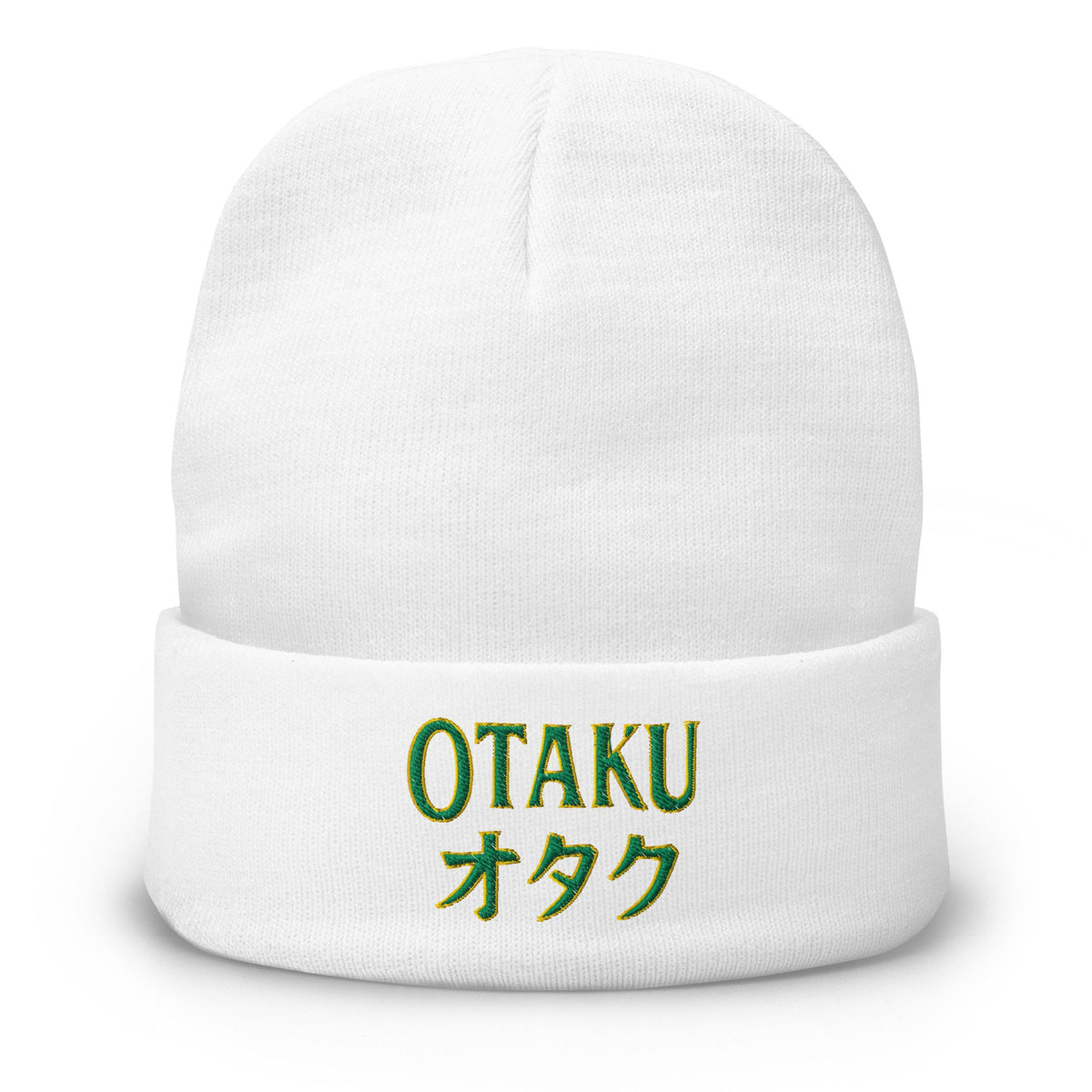 White cuffed beanie with Otaku オタク embroidered artwork, front view