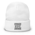 White cuffed beanie with Otaku オタク Anime embroidered artwork, front view