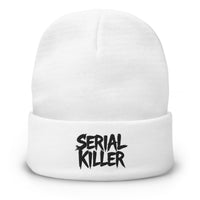 White cuffed beanie with Serial Killer True Crime embroidered artwork, front view