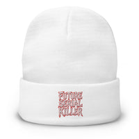 White cuffed beanie with Future Serial Killer embroidered artwork, front view