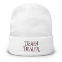 White cuffed beanie with Death Dealer embroidered artwork, front view