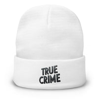 White cuffed beanie with Detective Style True Crime embroidered artwork, front view