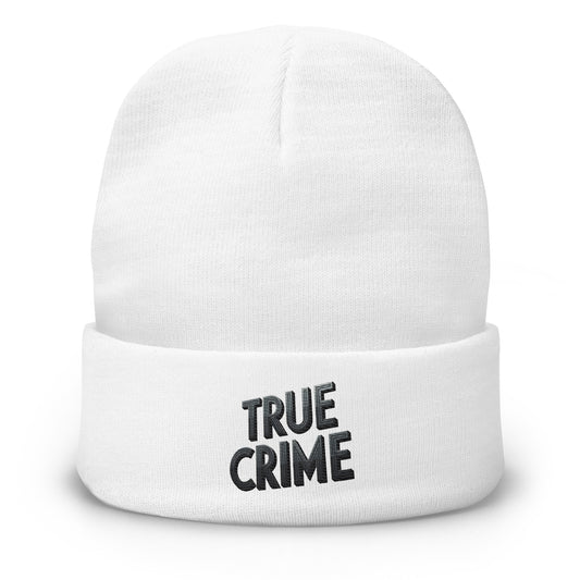 White cuffed beanie with Detective Style True Crime embroidered artwork, front view