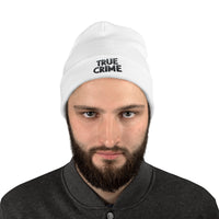 White cuffed beanie with Detective Style True Crime embroidered artwork, front view