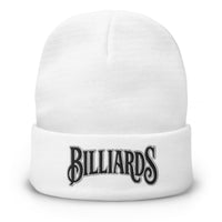 White cuffed beanie with Billiards Pool Hall embroidered artwork, front view