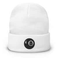 White cuffed beanie with Black 8 Ball Billiards embroidered artwork, front view