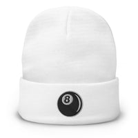 White cuffed beanie with 8 Ball Billiards embroidered artwork, front view