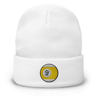 White cuffed beanie with Nine Ball Line Billiards embroidered artwork, front view