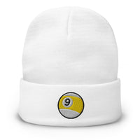 White cuffed beanie with Nine Ball Billiards embroidered artwork, front view