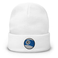 White cuffed beanie with Ten Ball Billiards embroidered artwork, front view