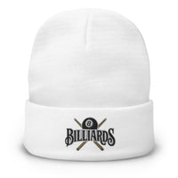 White cuffed beanie with Billiards 8 Ball embroidered artwork, front view