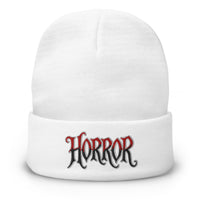 White cuffed beanie with HORROR House of Horrors Blood Drip embroidered artwork, front view