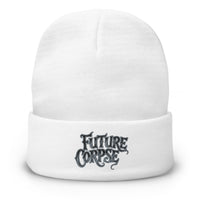 White cuffed beanie with Future Corpse Horror Funeral embroidered artwork, front view