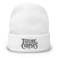 White cuffed beanie with Future Corpses Horror embroidered artwork, front view