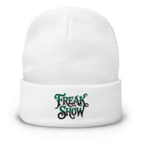 White cuffed beanie with Freak Show Horror Carnival embroidered artwork, front view