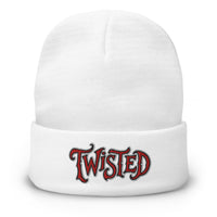 White cuffed beanie with Twisted Horror Carnival embroidered artwork, front view