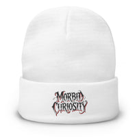 White cuffed beanie with Morbid Curiosity Horror embroidered artwork, front view