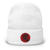 White cuffed beanie with Demon Kanji 鬼 (Oni) embroidered artwork, front view