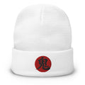 White cuffed beanie with Demon Kanji 鬼 (Oni) embroidered artwork, front view