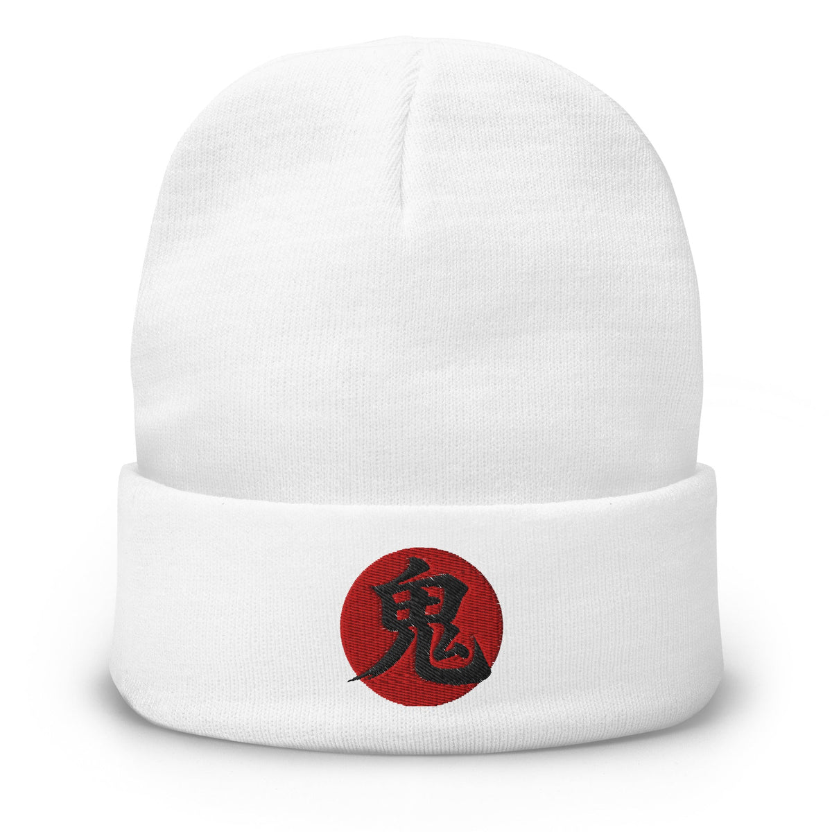 White cuffed beanie with Demon Kanji 鬼 (Oni) embroidered artwork, front view