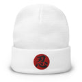White cuffed beanie with Endure Kanji 忍 (Nin) embroidered artwork, front view