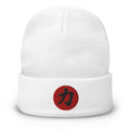 White cuffed beanie with Power Kanji 力 (Chikara) embroidered artwork, front view