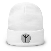 White cuffed beanie with Algiz Rune embroidered artwork, front view