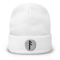 White cuffed beanie with Ansuz Rune embroidered artwork, front view
