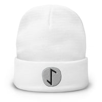 White cuffed beanie with Eihwaz Rune embroidered artwork, front view