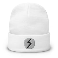 White cuffed beanie with Sowilo Rune embroidered artwork, front view