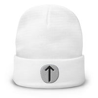 White cuffed beanie with Tiwaz Rune embroidered artwork, front view
