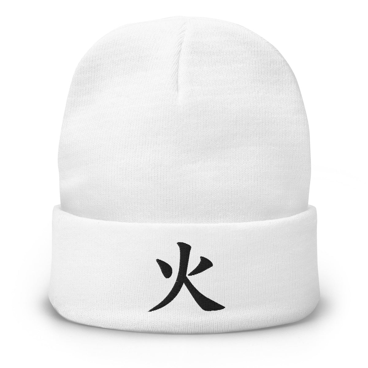 White cuffed beanie with Fire Kanji Symbol (火) embroidered artwork, front view