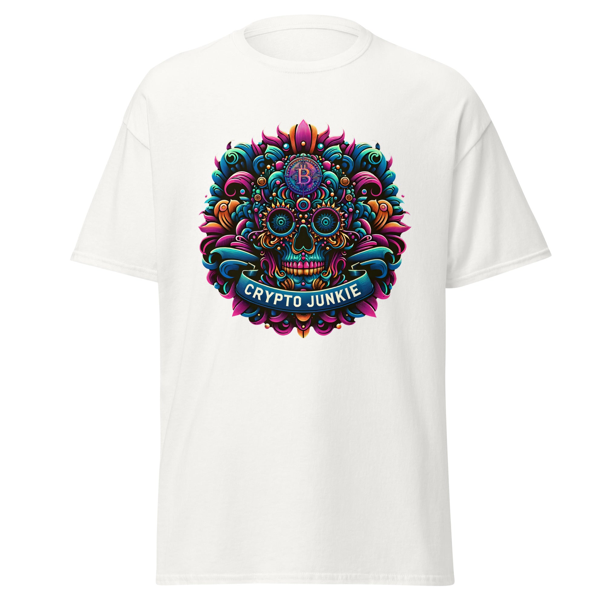 Crypto Junkie Mexican Sugar Skull Bitcoin Digital Asset Men’s Short Sleeve T-Shirt