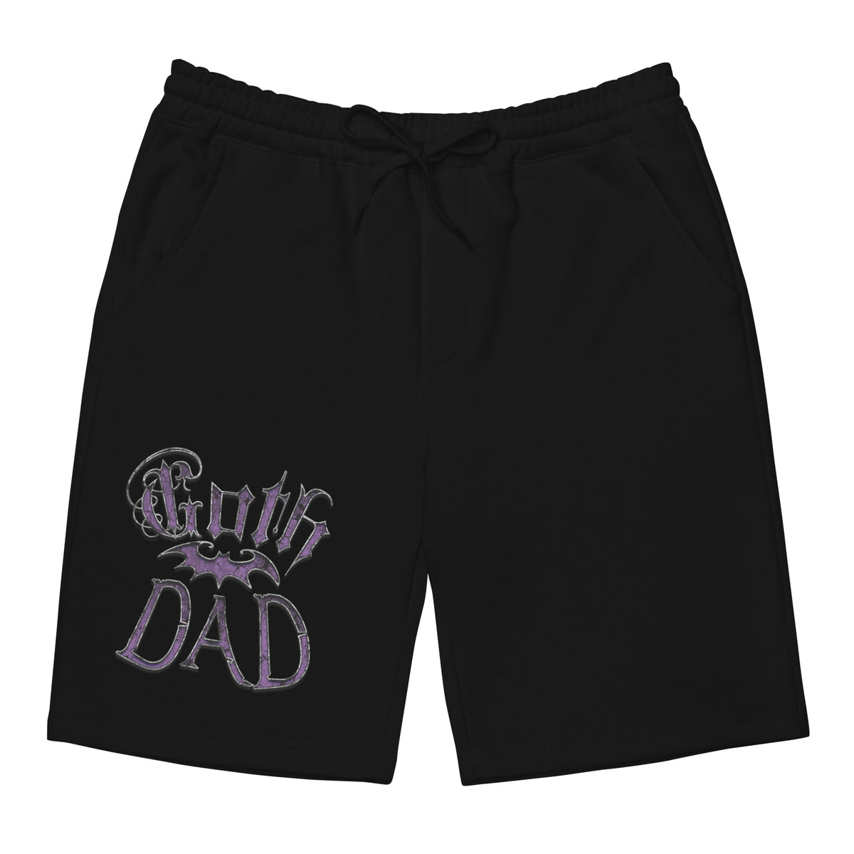 Purple Goth Dad Bat design on men's fleece shorts, front view