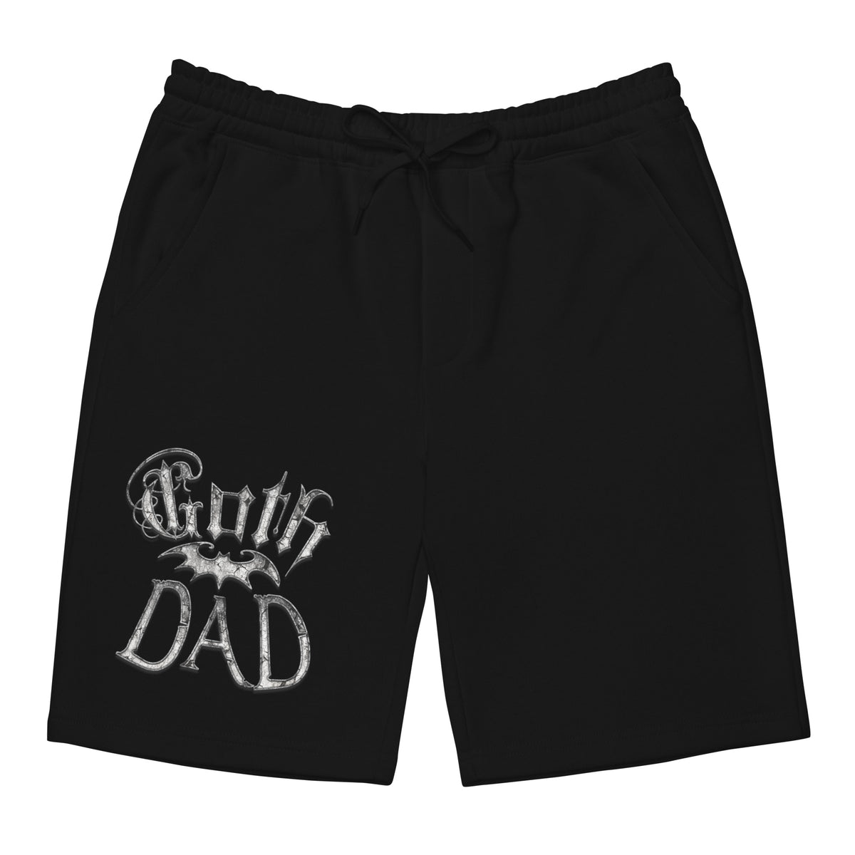 White Goth Dad Bat design on men's fleece shorts, front view