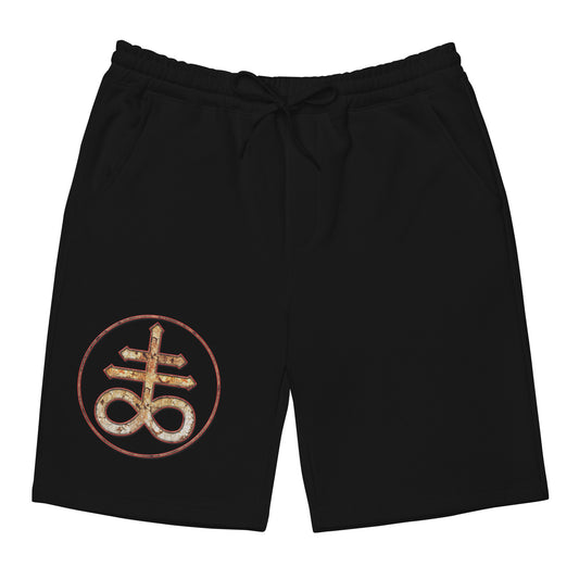 Leviathan Cross design on men's fleece shorts, front view
