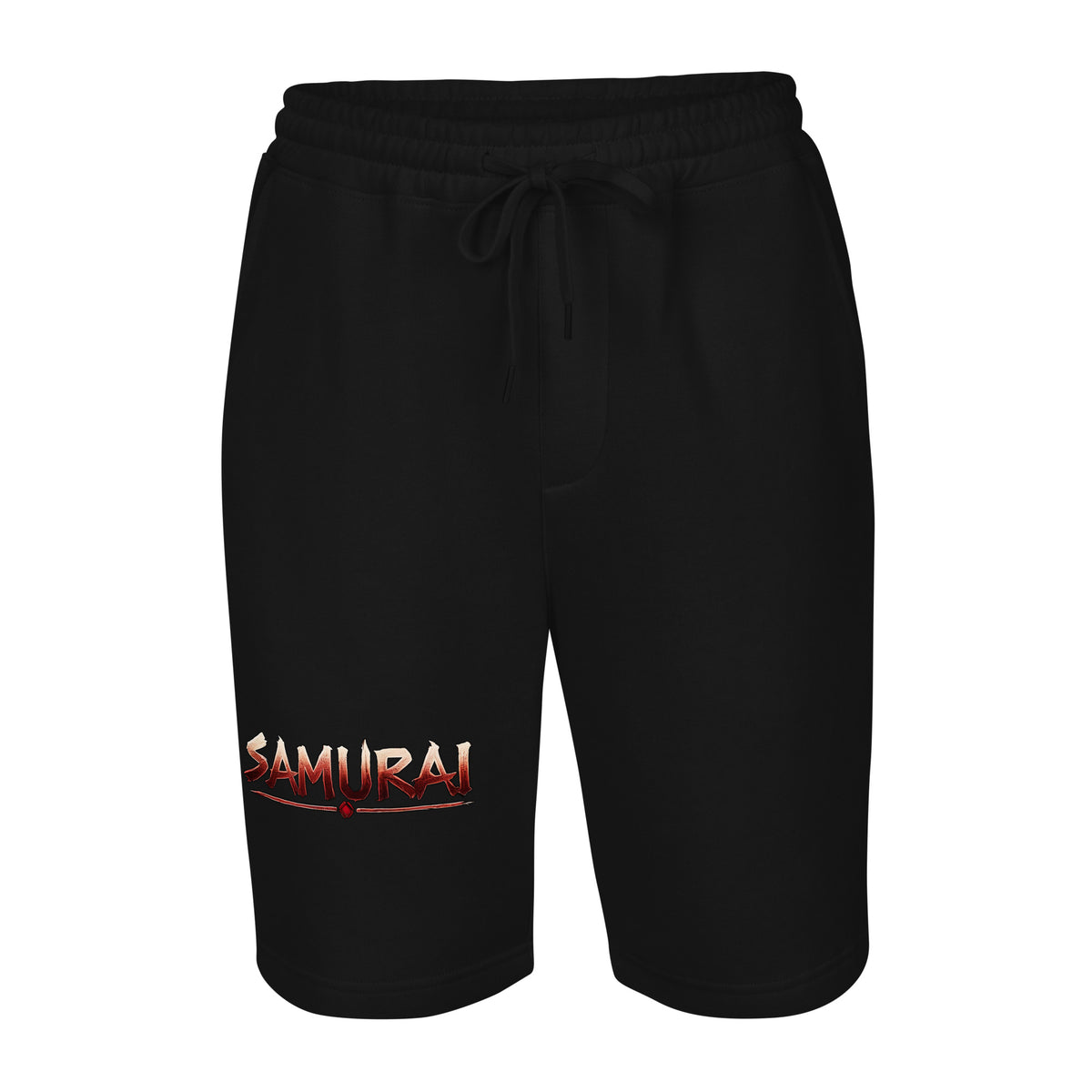 Samurai Wordmark design on men's fleece shorts, front view
