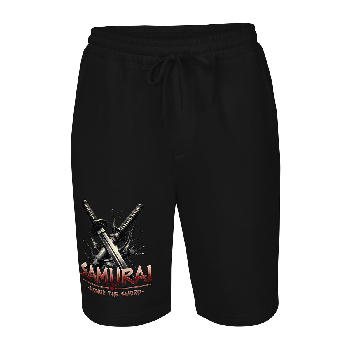 Splash Katana Swords design on men's fleece shorts, front view