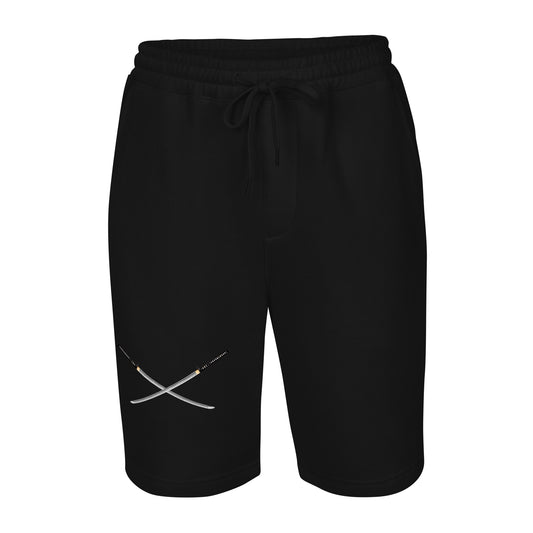 Dual Samurai Swords design on men's fleece shorts, front view