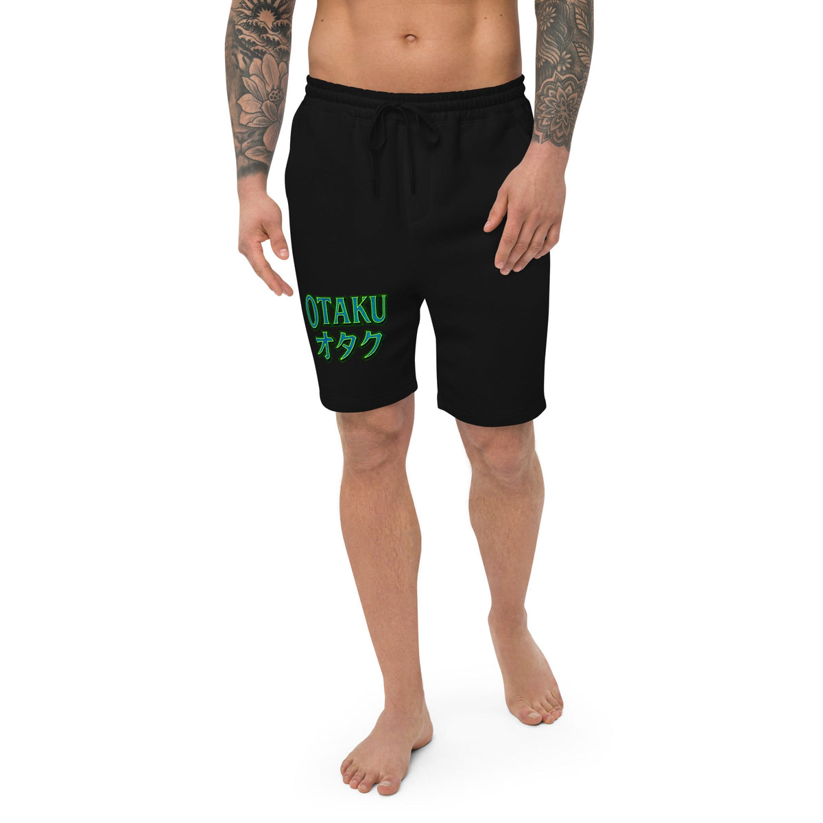 Otaku オタク design on men's fleece shorts, front view