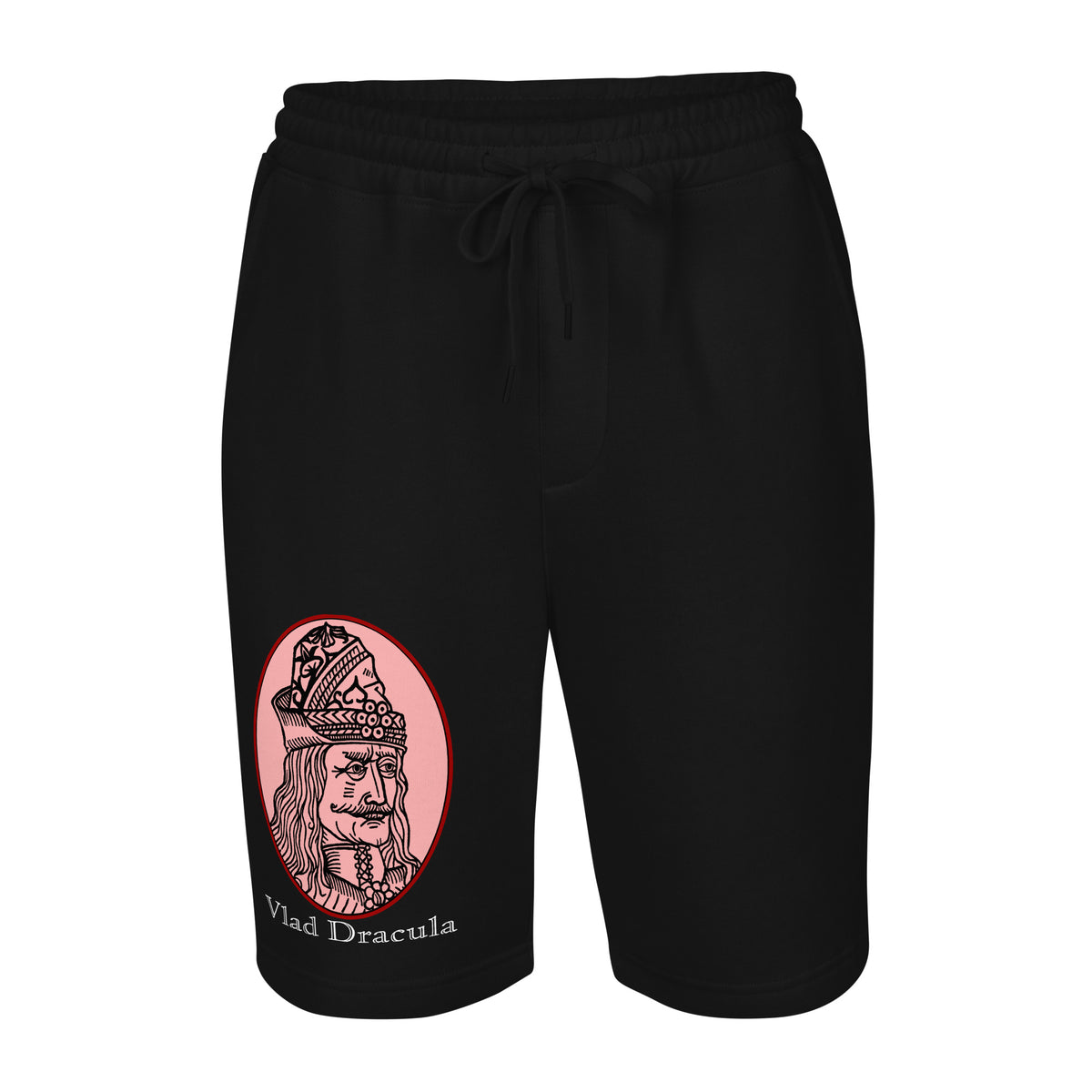 Vlad the Impaler design on men's fleece shorts, front view