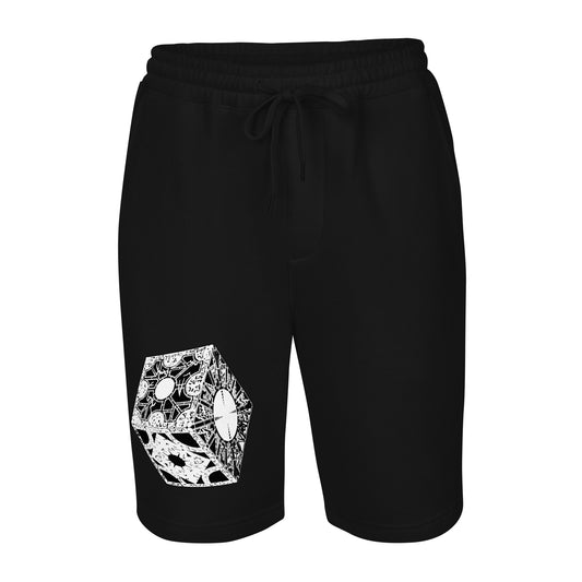 Lament Configuration design on men's fleece shorts, front view