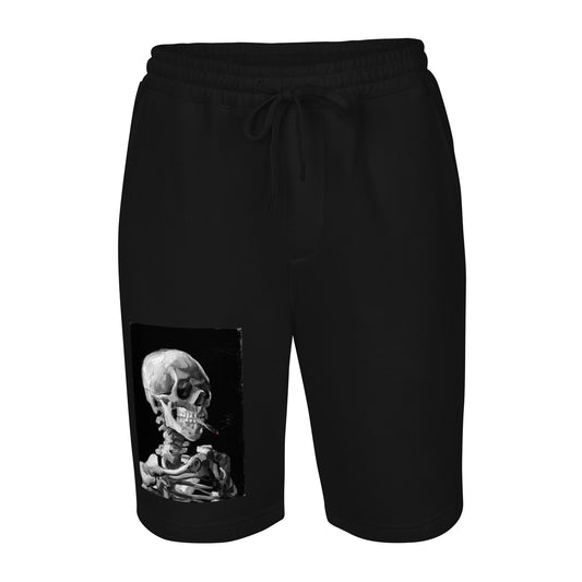 Skeleton Smoking Van Gogh design on men's fleece shorts, front view