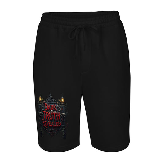 Dark Truth Revealed design on men's fleece shorts, front view